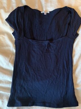 Reformation Navy Ribbed Square Neck Cap Sleeve Top